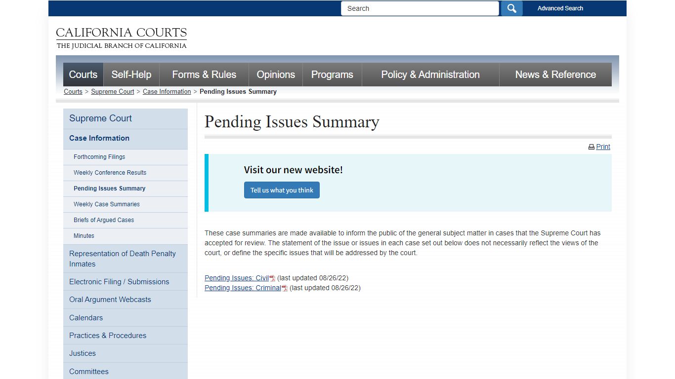 Pending Issues Summary - supreme_court - California